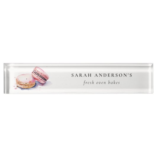 Pastel Kleurrijke Waterverf Franse Macarons Bakker Naambordje (Voorkant)