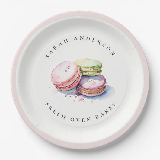 Pastel Kleurrijke Waterverf Franse Macarons Bakker Papieren Bordje (Voorkant)