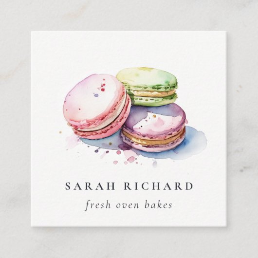 Pastel Kleurrijke Waterverf Franse Macarons Bakker Vierkante Visitekaartje (Voorkant)