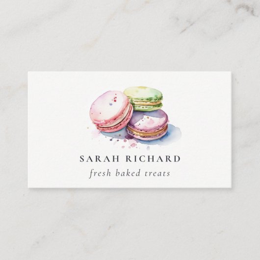 Pastel Kleurrijke Waterverf Franse Macarons Bakker Visitekaartje (Voorkant)