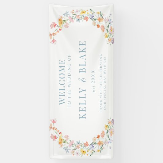 Pastel Kleurrijke Waterverf Wildflower Wedding Spandoek (Verticaal)
