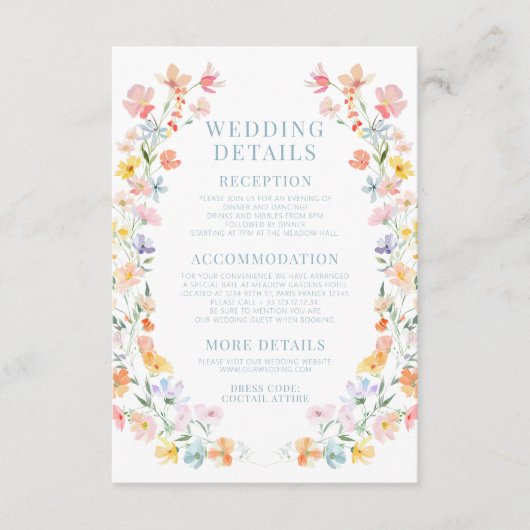 Pastel Kleurrijke Wildflower Wedding Details Kaart (Voorkant)
