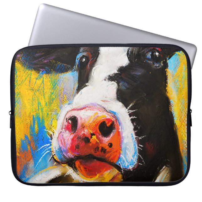 Pastel Koe Portret Modern Schilderen Laptop Sleeve (Voorkant)