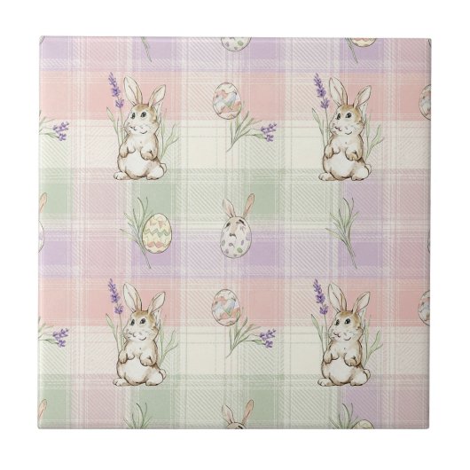 Pastel Konijn Ei Gingham Lente Patroon Tegeltje (Voorkant)