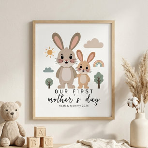 Pastel Konijn Moeder Baby Eerste Moederdag Nursery Poster