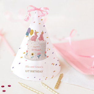 Pastel Konijn Tweeling Meisjes 1e Verjaardagsfeest Feesthoedjes