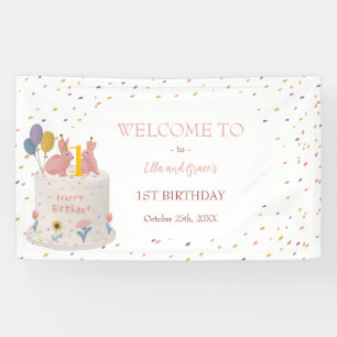 Pastel Konijn Tweeling Meisjes 1e Verjaardagsfeest Spandoek