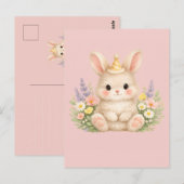 Pastel Konijn Wilde Bloem Illustratie Briefkaart (Voorkant / Achterkant)