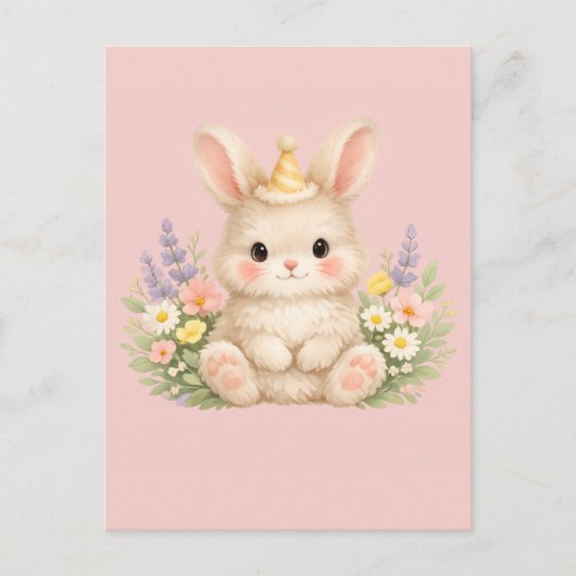 Pastel Konijn Wilde Bloem Illustratie Briefkaart (Voorkant)