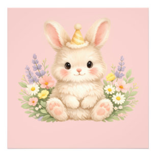 Pastel Konijn Wilde Bloem Illustratie Foto Afdruk