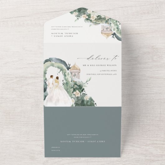 Pastel Koppel Bloementuin Boog Botanische Trouw All In One Uitnodiging (Buitenkant)