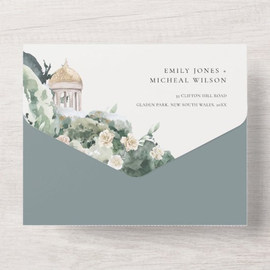 Pastel Koppel Bloementuin Boog Botanische Trouw All In One Uitnodiging (Achterkant)