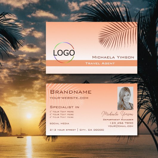 Pastel Koraal Gradiënt Palm Leaf Logo en Foto Visitekaartje