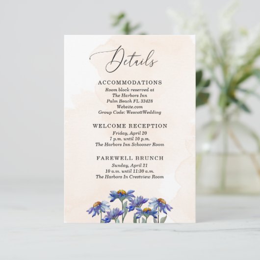 Pastel Koraal & Paarse Daisies Bruiloft Details Informatiekaartje (Staand voorkant)