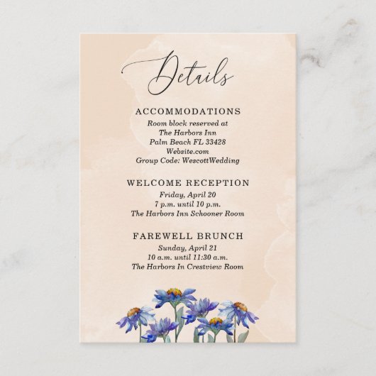  pastel koraal Paarse madeliefjes bruiloft details Informatiekaartje (Voorkant)