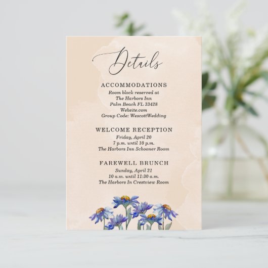  pastel koraal Paarse madeliefjes bruiloft details Informatiekaartje (Staand voorkant)