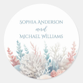 Pastel Koraal Reef-Beach bruiloft- Trouwstickers Ronde Sticker