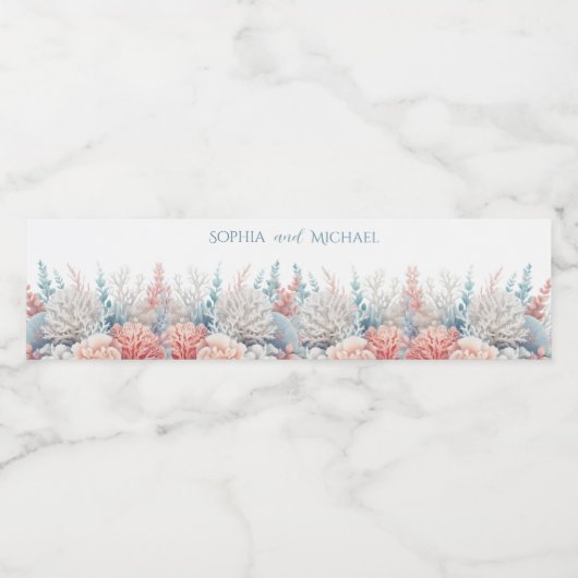 Pastel Koraal Reef- Strand bruiloft Waterfles Etiket (Enkel label)