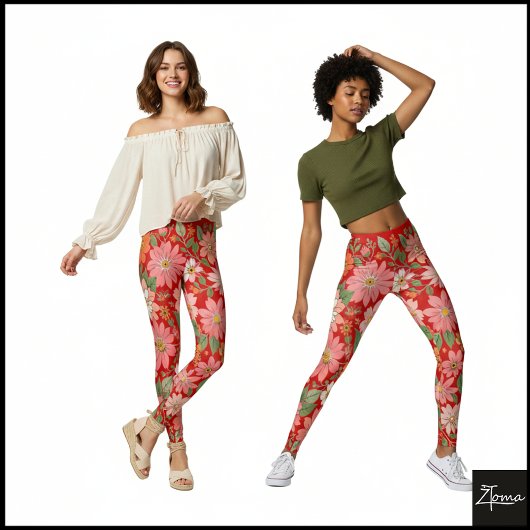 Pastel Koraal Retro Bloemenda Daisy Achtergrond - Leggings