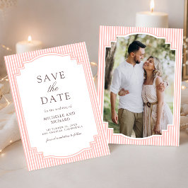 Pastel Koraal Roze Gestreepte Foto Bruiloft Save The Date