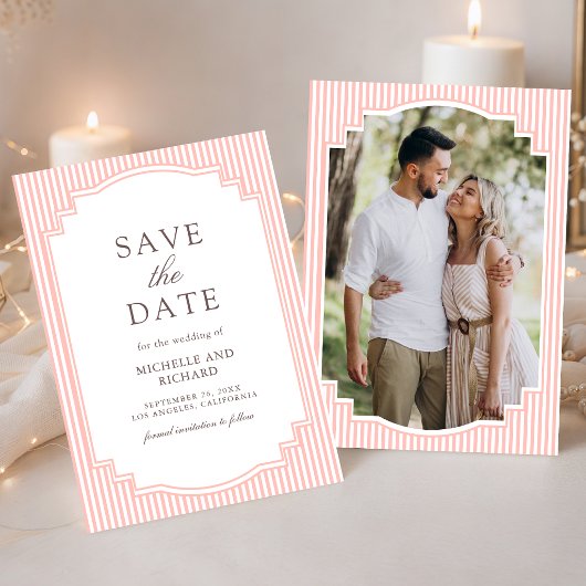 Pastel Koraal Roze Gestreepte Foto Bruiloft Save The Date