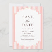 Pastel Koraal Roze Gestreepte Foto Bruiloft Save The Date (Voorkant)
