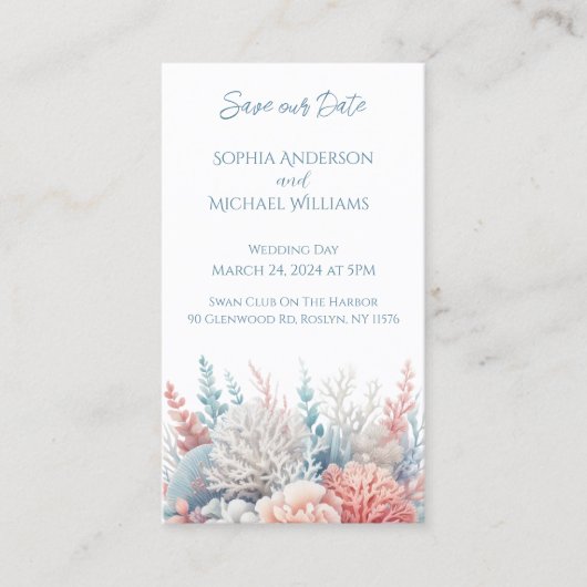 Pastel Koraal- Strand Bruiloft-Save de Datum- Visitekaartje (Voorkant)