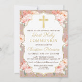 Pastel Koral Floral Gold Cross 1st Heilige Communi Kaart (Voorkant)