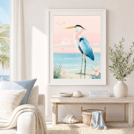 Pastel Kust Reiger Strand Kunstprint Poster