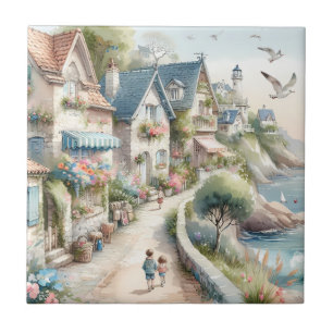 Pastel Kustdorp Vlucht Tegeltje