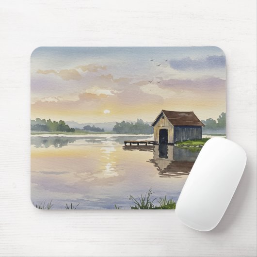 Pastel Lake Sunset Dock Cabin Tranquility Muismat (Met muis)
