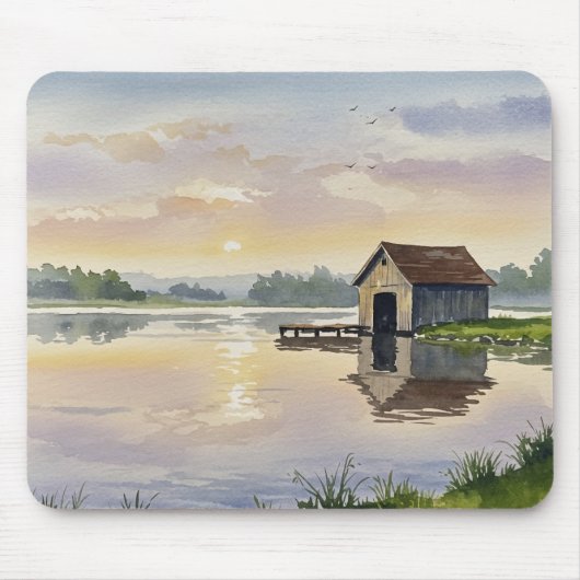 Pastel Lake Sunset Dock Cabin Tranquility Muismat (Voorkant)