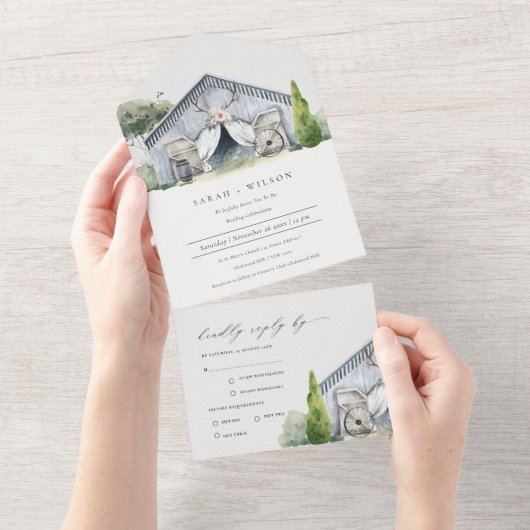 Pastel Landelijke Donkere Schuur Boerderij Thema T All In One Uitnodiging (Afscheurbaar)