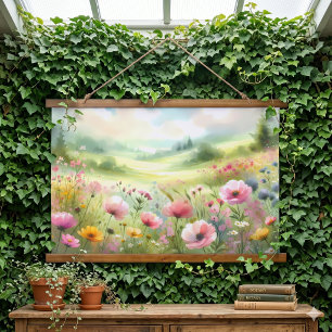 Pastel Landschap van een Wilde Bloemenweide Hangend Wandkleed