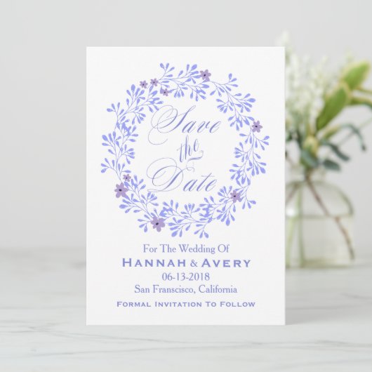 Pastel Lavendel bloemenkrans "Save the Date" Save The Date (Staand voorkant)