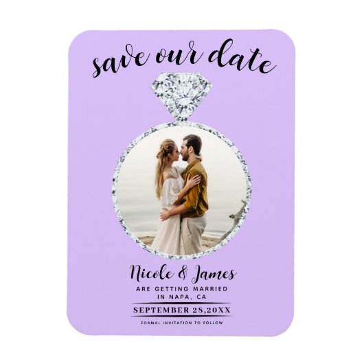 Pastel Lavendel Diamond Ring Bling Save the Date Magneet (Verticaal)