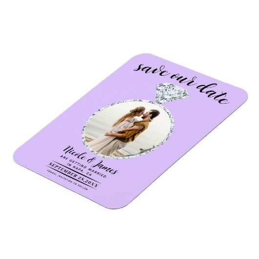 Pastel Lavendel Diamond Ring Bling Save the Date Magneet (Linkerzijde)