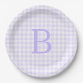 Pastel lavendel en witte gingham monogram papieren bordje (Voorkant)