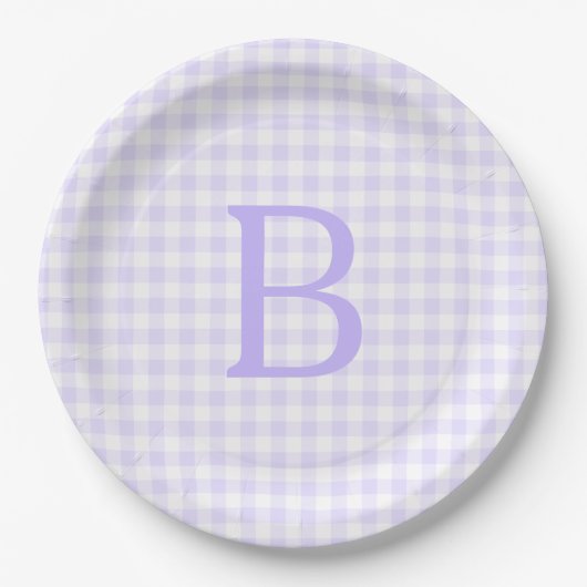 Pastel lavendel en witte gingham monogram papieren bordje (Voorkant)