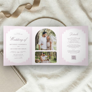 Pastel Lavendel Gestreepte Foto QR Code Huwelijk Drieluik Uitnodiging