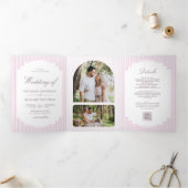 Pastel Lavendel Gestreepte Foto QR Code Huwelijk Drieluik Uitnodiging (Binnen)