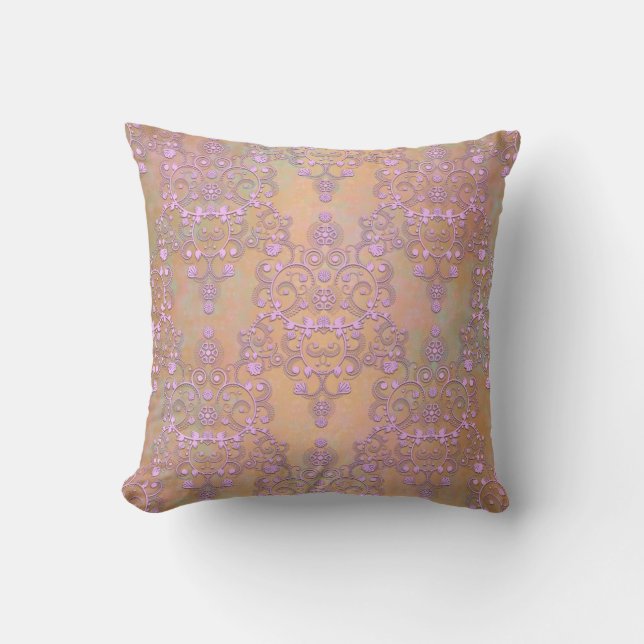 Pastel lavendel over perzikgouden kant damast kussen (Voorkant)