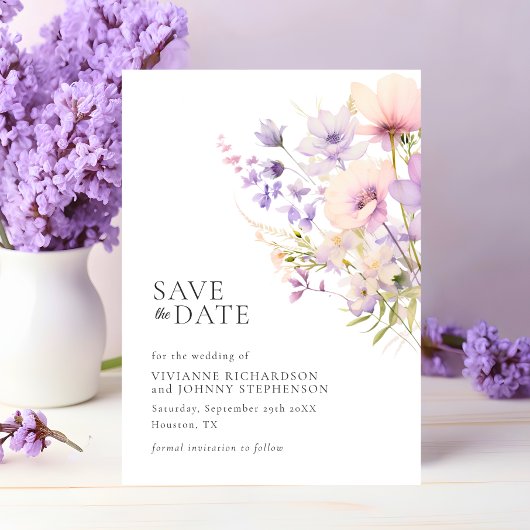 Pastel Lavendel Paarse Violet Wild Flowers Bruilof Save The Date