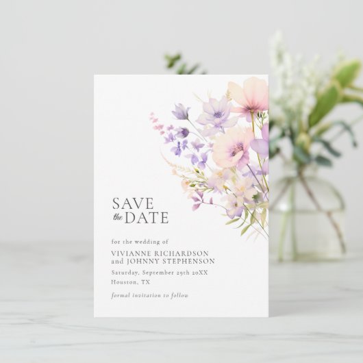 Pastel Lavendel Paarse Violet Wild Flowers Bruilof Save The Date (Staand voorkant)