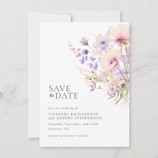 Pastel Lavendel Paarse Violet Wild Flowers Bruilof Save The Date (Voorkant)