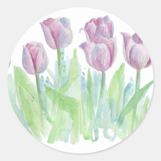 Pastel Lavendel Tulpen Bloem Waterverf Kunst Ronde Sticker (Voorkant)