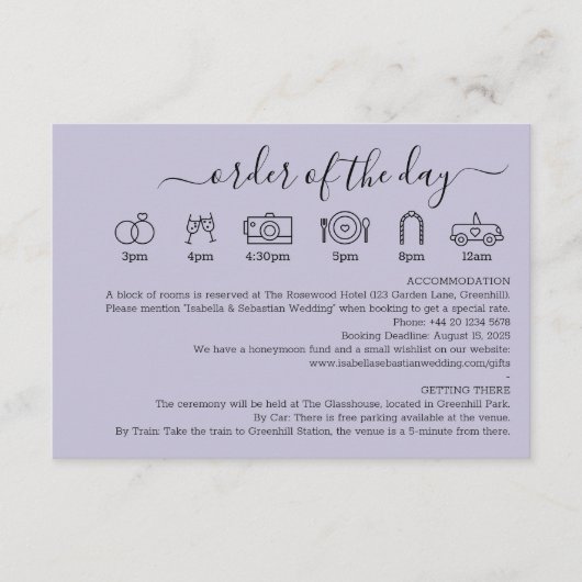 Pastel Lavender LiWedding Details Order Of The Day Informatiekaartje (Voorkant)