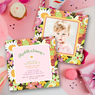Pastel Lente Bloemen Foto Meisjes Verjaardagsfeest Kaart