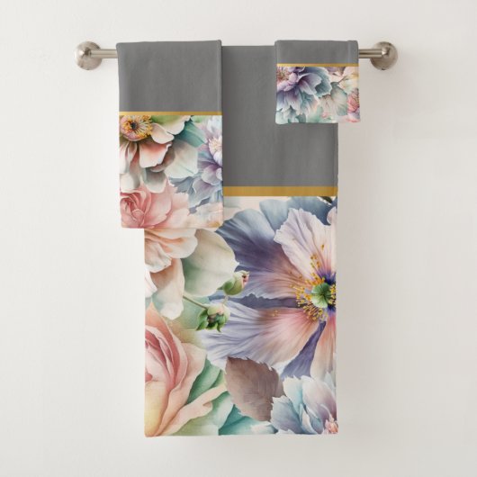 PASTEL LENTE BLOEMEN GRIJZE BADKAMER HANDDOEK SET (Insitu)