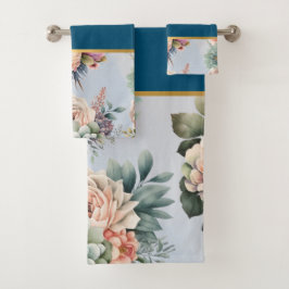 PASTEL LENTE BLOEMEN NAVY 2 BADKAMER HANDDOEK SET